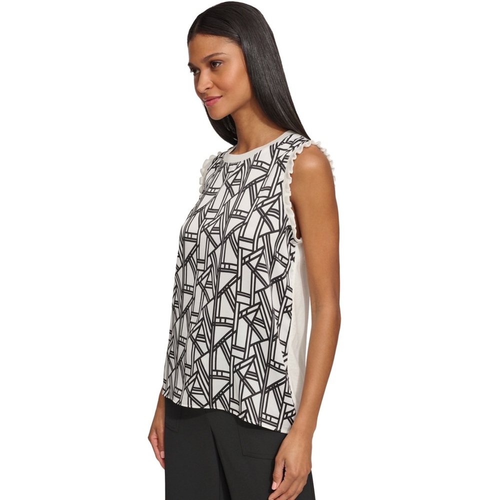 Karl Lagerfeld Paris Geometric Print Mixed Media Ruffle Trim Sleeveless Top